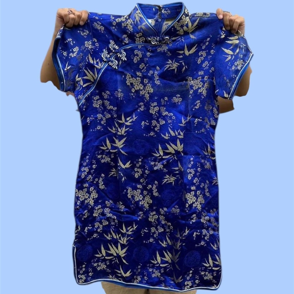 y2k Blue & Gold Floral Qipao Dress